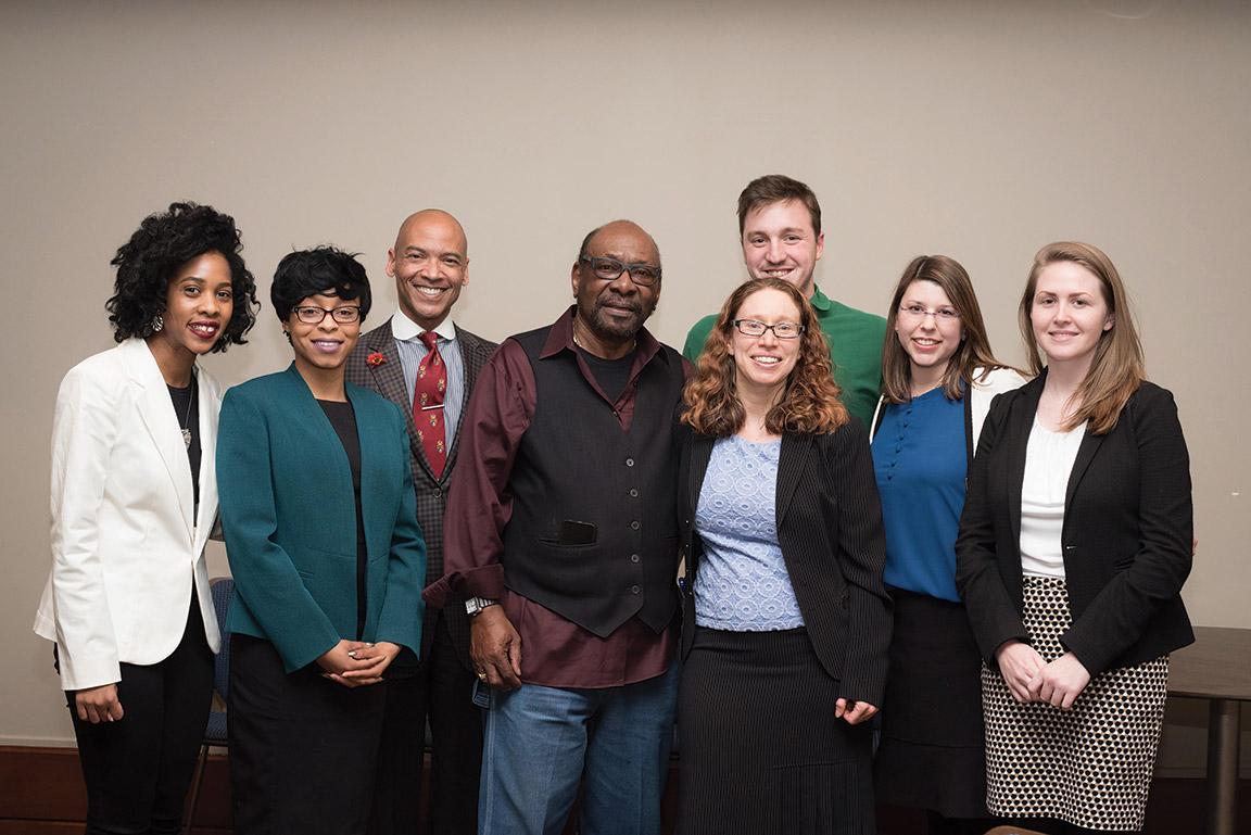 Professor Miriam A. Cherry and Percy Green, the named plaintiff in the landmark case McDonnell Douglas Corp v. Green, with students at a lecture in Scott Hall. Photo by Aaron Banks