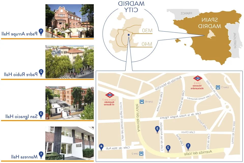 地图显示马德里在西班牙的位置和博彩网址大全马德里在马德里市的位置. The map also shows the locations of 阿鲁普神父 和 卢比奥·霍尔神父 on Avenida del Valle; 圣伊格纳西奥大厅 on Calle de las Amapolas, 以及马克斯奥布大街上的曼瑞萨大厅