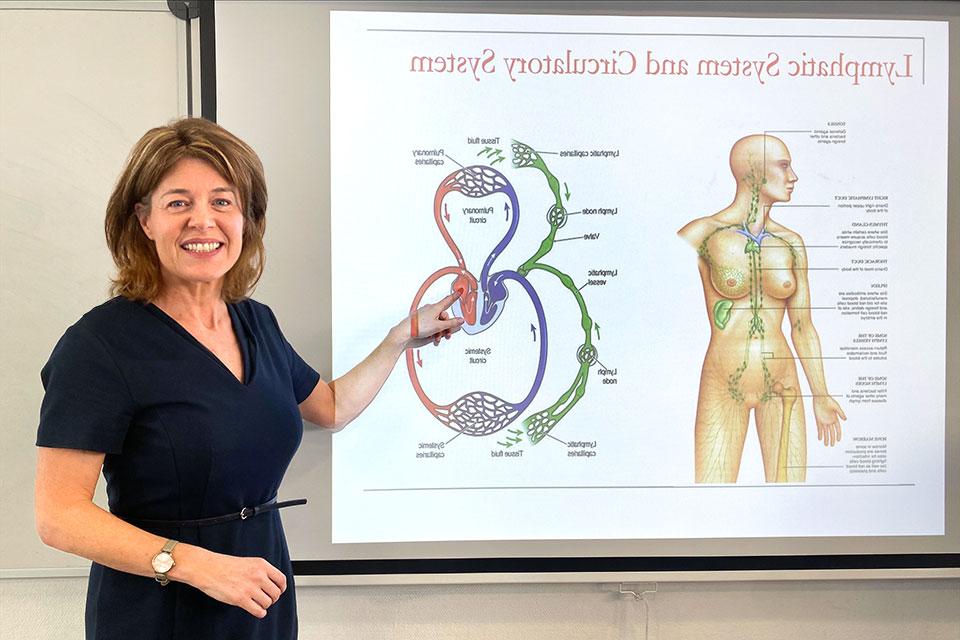 Dr. 安雅·希勒里(Anya Hillery)指着一幅人体淋巴和循环系统的墙壁投影图.